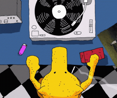 A Cartoon Drawing Of A Yellow Object Playing A Record On A Turntable GIF
