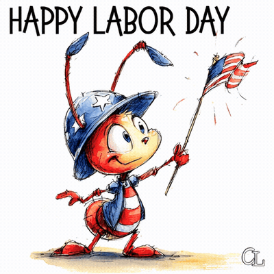 A Cartoon Drawing Of An Ant Holding An American Flag With The Words Happy Labor Day Written Above It GIF