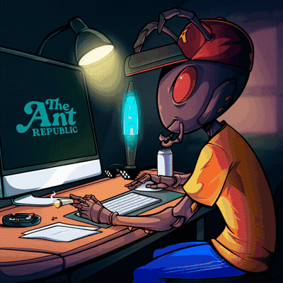 A Cartoon Drawing Of An Ant Sitting In Front Of A Computer With The Ant Republic Written On The Screen GIF