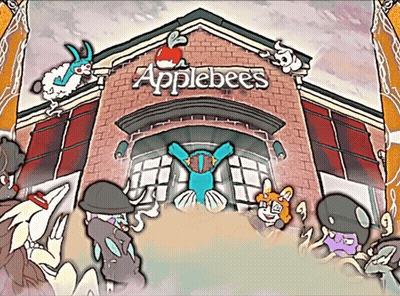 A Cartoon Drawing Of An Applebee 'S Restaurant With A Bunch Of Characters GIF