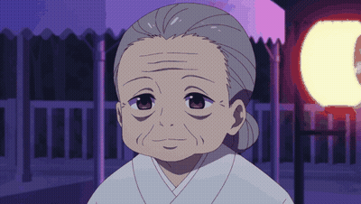 A Cartoon Drawing Of An Elderly Woman With A Kimono On GIF