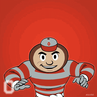 A Cartoon Drawing Of An Ohio State Buckeyes Mascot With The Letter O On His Chest GIF