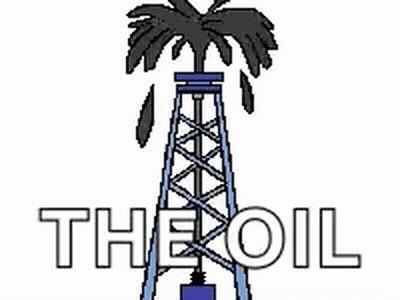 A Cartoon Drawing Of An Oil Rig With A Palm Tree And The Words `` The Oil '' Below It . GIF
