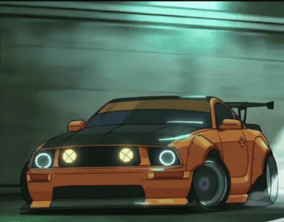 A Cartoon Drawing Of An Orange Mustang With A Black Hood And Headlights GIF
