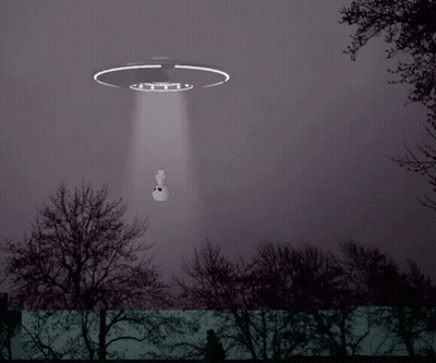 A Cartoon Drawing Of An Ufo Flying Over A Forest GIF