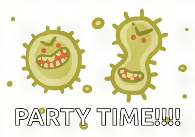 A Cartoon Drawing Of Bacteria With The Words Party Time Written Below Them GIF