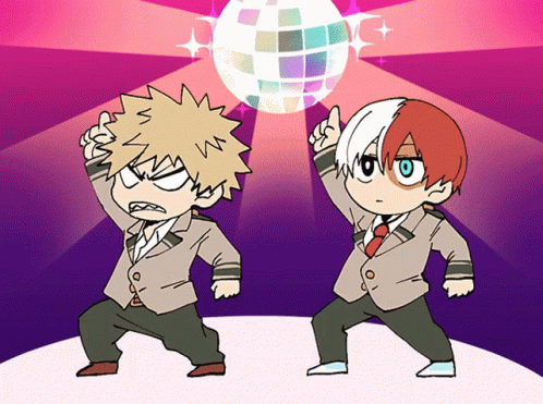 A Cartoon Drawing Of Bakugo And Todoroki Dancing In Front Of A Disco Ball GIF