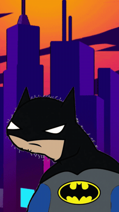 A Cartoon Drawing Of Batman Standing In Front Of A City Skyline GIF