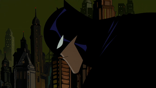 A Cartoon Drawing Of Batman Standing In Front Of A City Skyline GIF