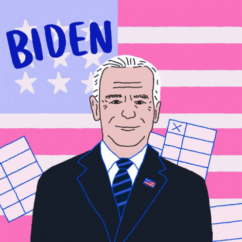 A Cartoon Drawing Of Biden In Front Of A Pink And White American Flag GIF