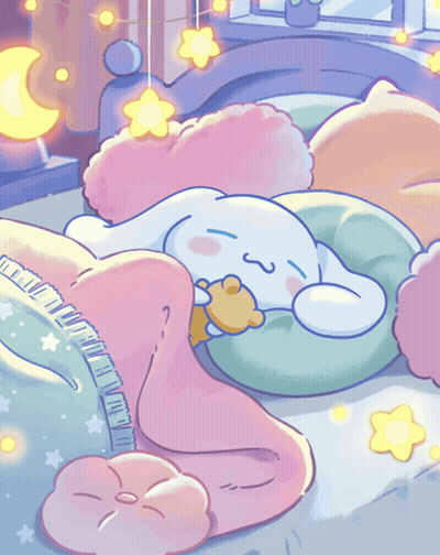 A Cartoon Drawing Of Cinnamoroll Sleeping In A Bed GIF