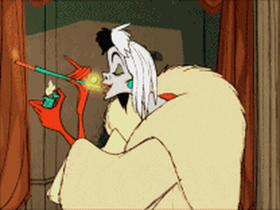 A Cartoon Drawing Of Cruella De Vil Holding A Lighter GIF