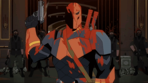 A Cartoon Drawing Of Deadpool Holding A Gun In His Hand GIF
