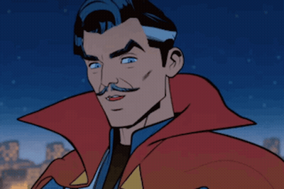 A Cartoon Drawing Of Doctor Strange With A Red Cape And Blue Eyes GIF