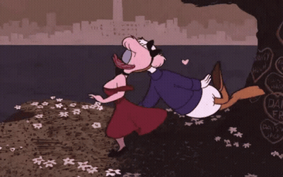 A Cartoon Drawing Of Donald Duck And Daisy Duck Kissing GIF