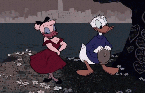 A Cartoon Drawing Of Donald Duck And Daisy Duck Standing Next To Each Other GIF