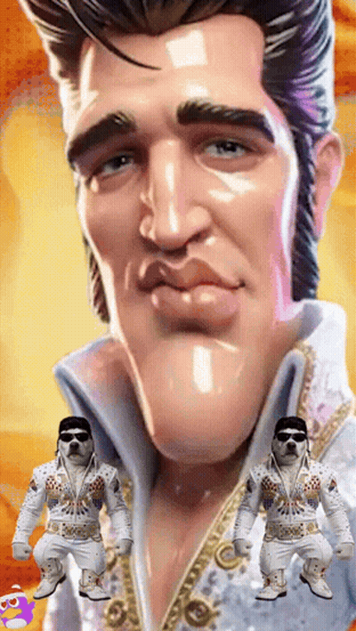 A Cartoon Drawing Of Elvis Presley With A Purple S On The Bottom Right GIF