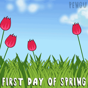 A Cartoon Drawing Of Flowers In A Field With The Words First Day Of Spring GIF