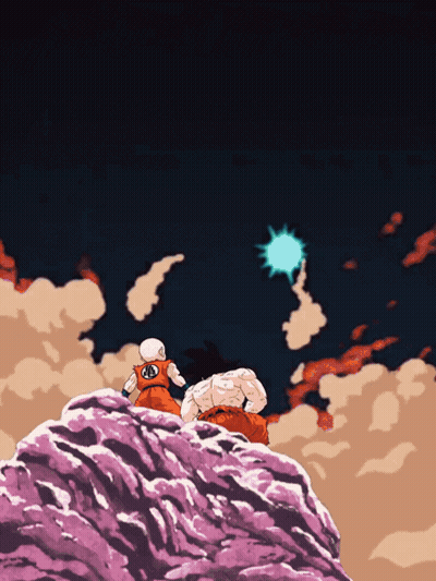 A Cartoon Drawing Of Goku And Frieza Standing On A Mountain GIF