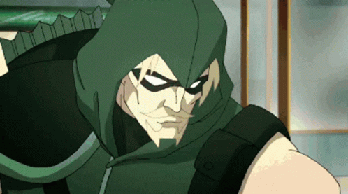A Cartoon Drawing Of Green Arrow With A Hood GIF