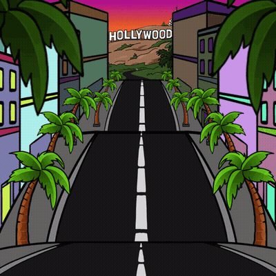 A Cartoon Drawing Of Hollywood With Palm Trees And Buildings GIF