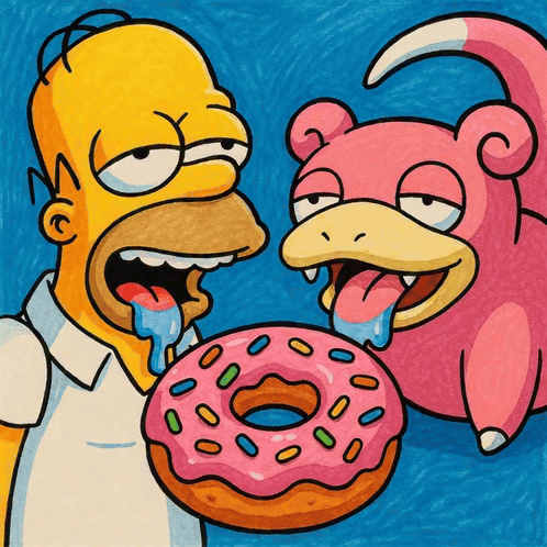 A Cartoon Drawing Of Homer Simpson And A Pink Duck Eating Donuts GIF