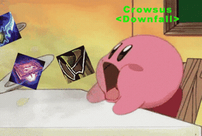 A Cartoon Drawing Of Kirby With The Words Crowsus Downfall Written Above Him GIF
