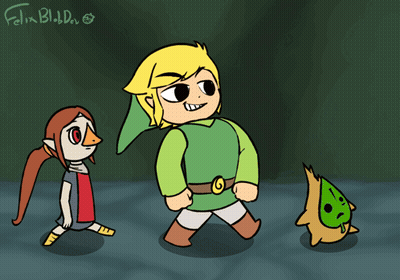 A Cartoon Drawing Of Link And Two Other Characters With Felix Blood On The Bottom GIF