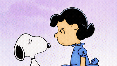 A Cartoon Drawing Of Lucy And Snoopy With A Purple Background GIF