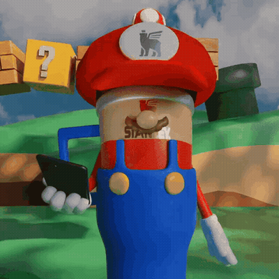 A Cartoon Drawing Of Mario Holding A Phone And A Cup Of Stanley Coffee GIF