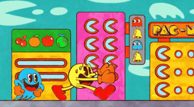 A Cartoon Drawing Of Pac Man Standing In Front Of A Pac-Man Store GIF