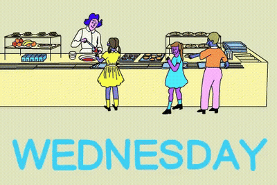 A Cartoon Drawing Of People Standing At A Counter With The Words Wednesday In Orange GIF