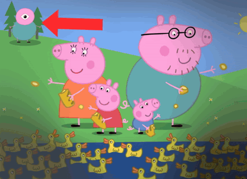 A Cartoon Drawing Of Peppa Pig And Her Family With An Arrow Pointing To A Monster GIF