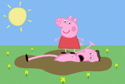A Cartoon Drawing Of Peppa Pig Standing Next To A Pig Laying In The Mud GIF