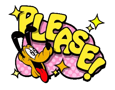 A Cartoon Drawing Of Pluto Saying Please With A Pink Background Sticker