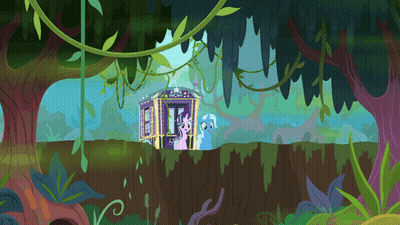 A Cartoon Drawing Of Ponies In A Jungle With A House In The Background GIF