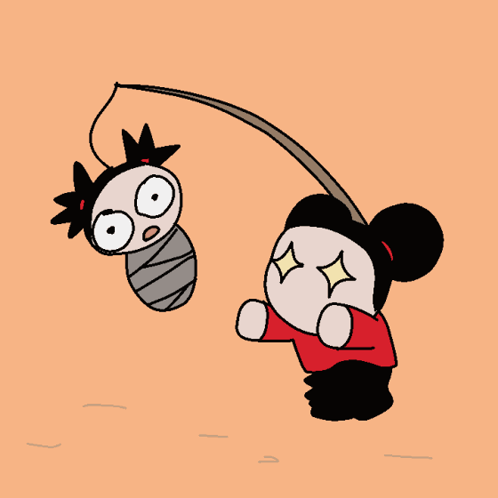 A Cartoon Drawing Of Pucca And A Bug With A Fishing Rod GIF