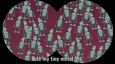A Cartoon Drawing Of Robots With The Words Bite My Tiny Metal Ass GIF