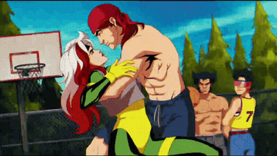 A Cartoon Drawing Of Rogue And A Man With The Number 7 On His Shirt GIF