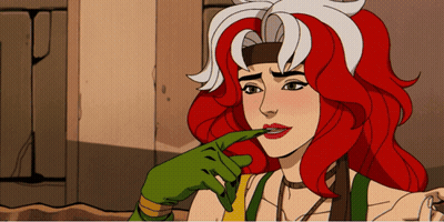 A Cartoon Drawing Of Rogue With Red Hair And Green Gloves GIF
