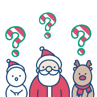 A Cartoon Drawing Of Santa Claus A Reindeer And A Snowman With Question Marks Above Them Sticker