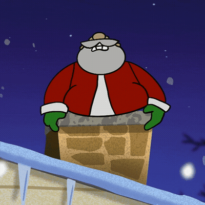 A Cartoon Drawing Of Santa Claus Standing On Top Of A Chimney GIF
