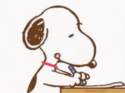 A Cartoon Drawing Of Snoopy Sitting At A Desk Writing On A Piece Of Paper GIF