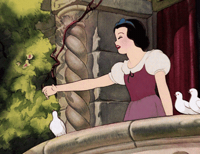 A Cartoon Drawing Of Snow White Standing On A Balcony With Birds GIF