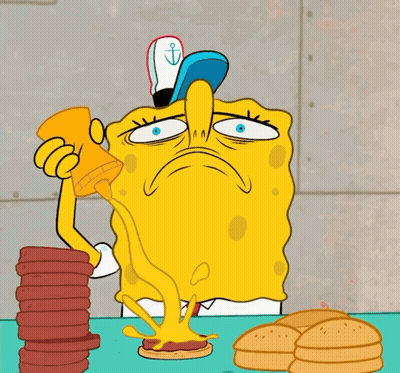 A Cartoon Drawing Of Spongebob Eating A Hamburger And A Stack Of Cookies GIF