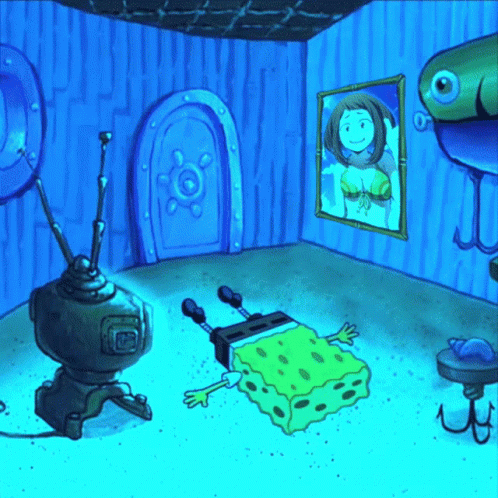 A Cartoon Drawing Of Spongebob Laying On The Floor GIF