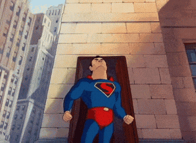 A Cartoon Drawing Of Superman Standing In Front Of A Building GIF