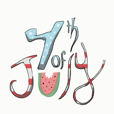 A Cartoon Drawing Of The 7Th Of July With Watermelon And Fireworks GIF