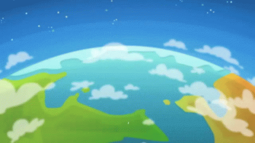 A Cartoon Drawing Of The Earth With A Blue Sky And Clouds In The Background GIF