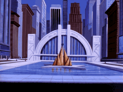 A Cartoon Drawing Of The Hall Of Justice In A City GIF